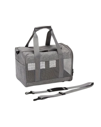 Gray pet carrier bag with mesh panels for ventilation, sturdy top handles, and a detachable shoulder strap.